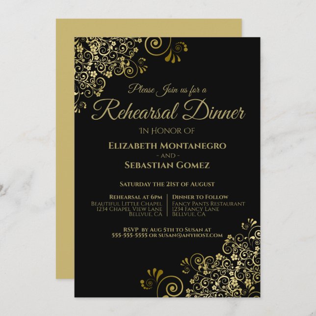 Gold Filigree on Black Wedding Rehearsal & Dinner Invitation (Front/Back)
