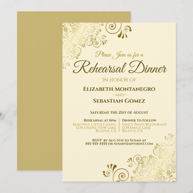 Gold Filigree on Cream Wedding Rehearsal & Dinner Invitation (Front/Back)