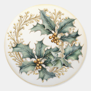 Gold Filigree on Holly Branches Classic Round Sticker