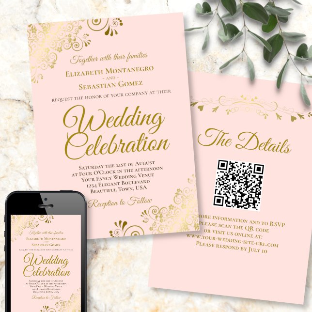 Gold Filigree on Pink Elegant QR Code Wedding Invitation (Creator Uploaded)