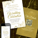 Gold Filigree on White Elegant QR Code Wedding Invitation<br><div class="desc">This beautiful wedding invitation is stylish, simple and elegant. It features gold script lettering on a white background with floral faux foil filigree in each corner. The understated design is offset by the ornate frills and swirls of the artwork. The back is a deep marbled gold colour with a customisable...</div>