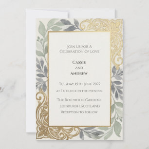 Gold Filigree Sage Foliage Wedding Invitation