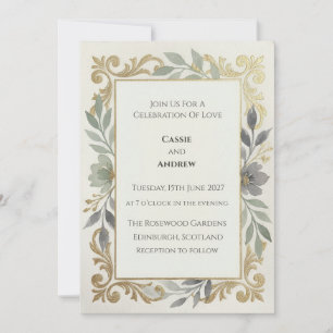 Gold Filigree Sage Green Wedding Invitation