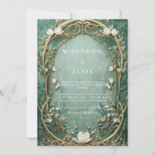 Gold Filigree Seafoam Green Art Nouveau Wedding Invitation