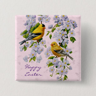 Gold Finch Birds & Apple Tree Pink 15 Cm Square Badge