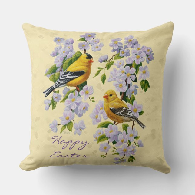 Gold Finches & Apple Blossoms Yellow Cushion (Front)