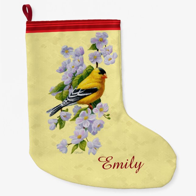 Gold Finches & Apple Blossoms Yellow Large Christmas Stocking (Front)