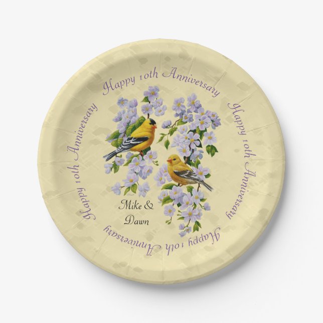 Gold Finches & Apple Blossoms Yellow Paper Plate (Front)