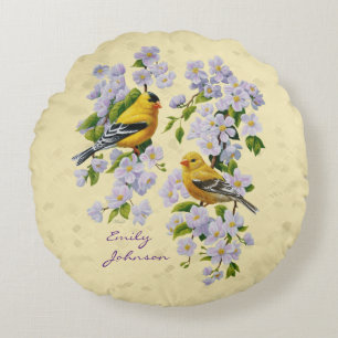 Gold Finches & Apple Blossoms Yellow Round Cushion