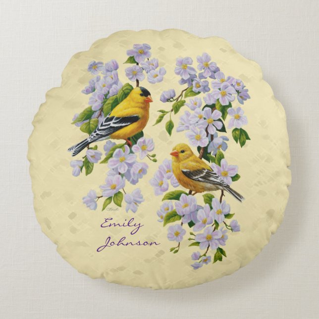 Gold Finches & Apple Blossoms Yellow Round Cushion (Front)