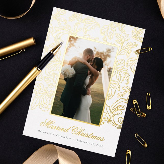 Gold Fine Filigree Married Christmas Foil Holiday Card (real metallic foil filigree designed border Married Christmas photo holiday card for newlyweds)