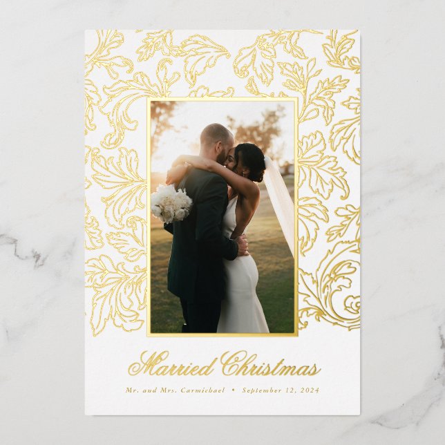 Gold Fine Filigree Married Christmas Foil Holiday Card (Front)
