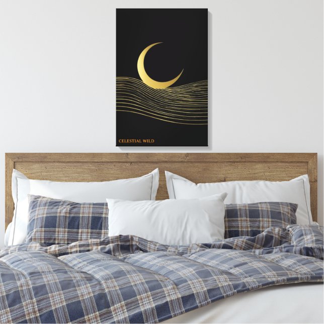 Gold Fine Line Crescent Meditative Gallery Canvas Print (Insitu(Bedroom))