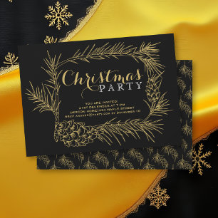 Gold fir branch with cones black Christmas party Invitation