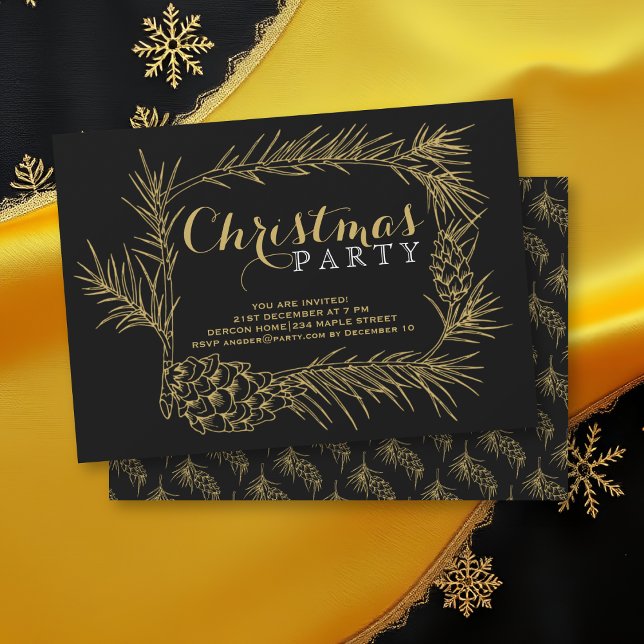 Gold fir branch with cones black Christmas party Invitation (Creator Uploaded)