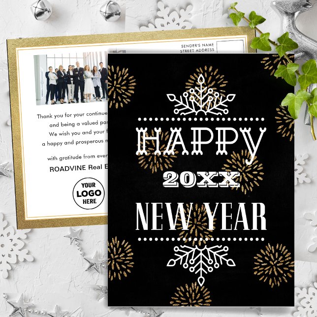Gold Fireworks Corporate Photo Fun Script New Year Postcard (Creator Uploaded)
