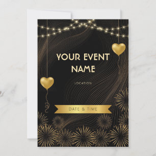 Gold Fireworks Heart Balloon Black Background Invitation