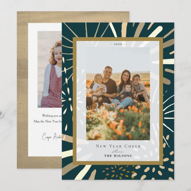 Gold Fireworks Night Sky 2 Photo New Year Holiday Card (Front/Back)