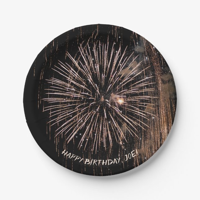 Gold fireworks on black birthday paper plate (Front)