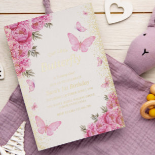 Gold First 1st Birthday Pink Butterflies