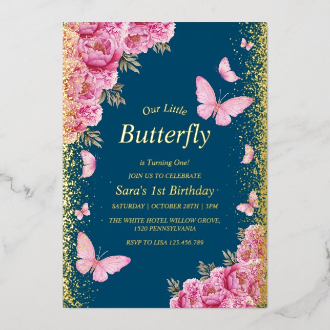 Gold First 1st Birthday Pink Butterflies  Blue (Front)