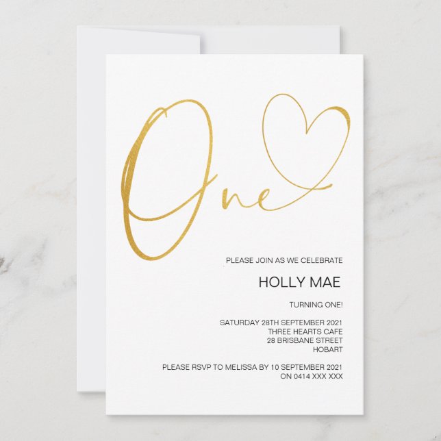 Gold First Birthday Invitation 1st Birthday Heart (Front)