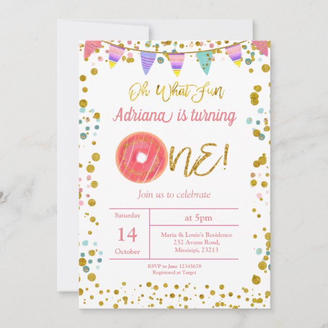 Gold First Birthday Party Doughnut Theme Invitatio Invitation (Front)