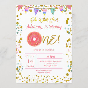 Gold First Birthday Party Doughnut Theme Invitatio Invitation