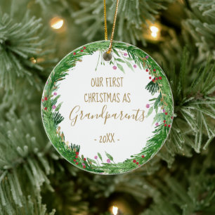 Gold First Christmas as Grandparents Baby Photo Ceramic Tree Decoration