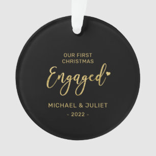 Gold First Christmas Engaged Couple Photo Ceramic Ornament