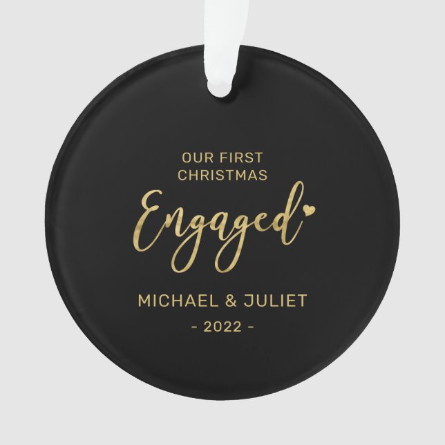 Gold First Christmas Engaged Couple Photo Ceramic  Ornament (Front)
