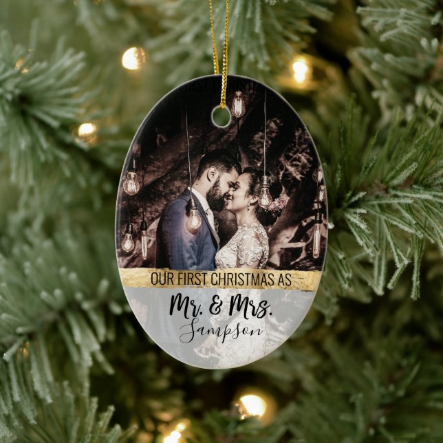 Gold First Christmas Married Couple Wedding Photo Ceramic Tree Decoration (Tree)