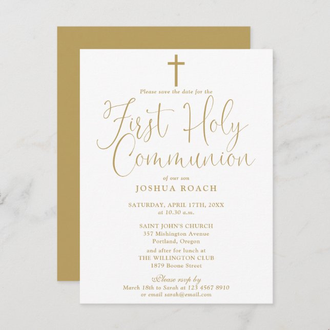 Gold First Holy Communion Save The Date Postcard (Front/Back)