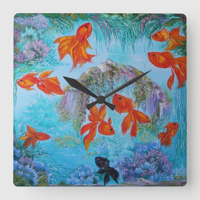Gold fish art colourful feng shui  poster square wall clock (Front)