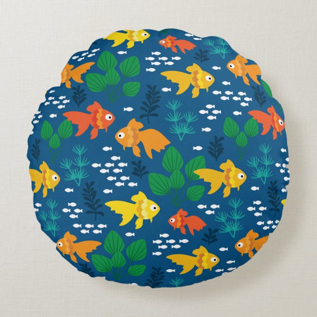 Gold Fish in Aquarium Round Cushion (Front)