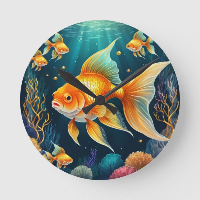 Gold Fish in Underwater Round Clock (Front)