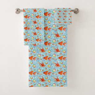 gold fishes are swimming between soap bubbles bath towel set