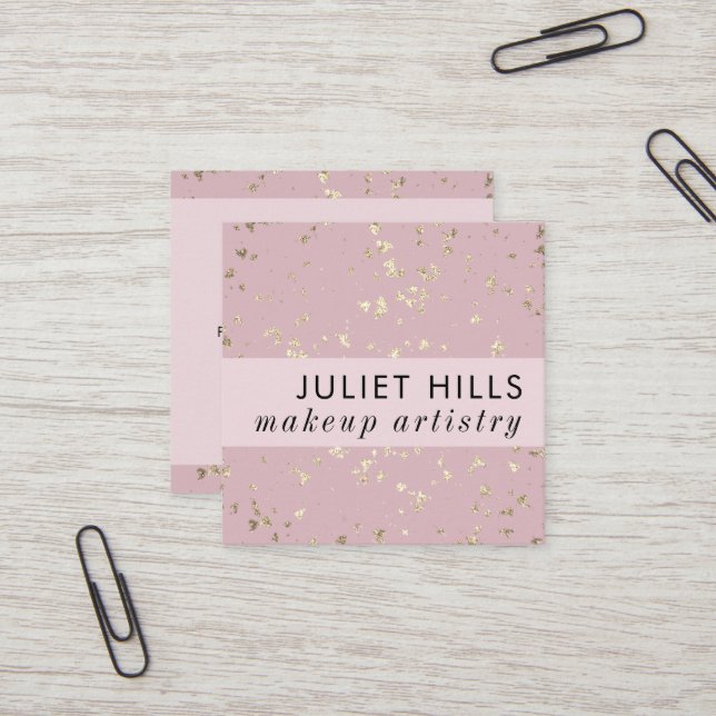 Gold Flakes and Blush Pink Square Business Card (Front/Back In Situ)