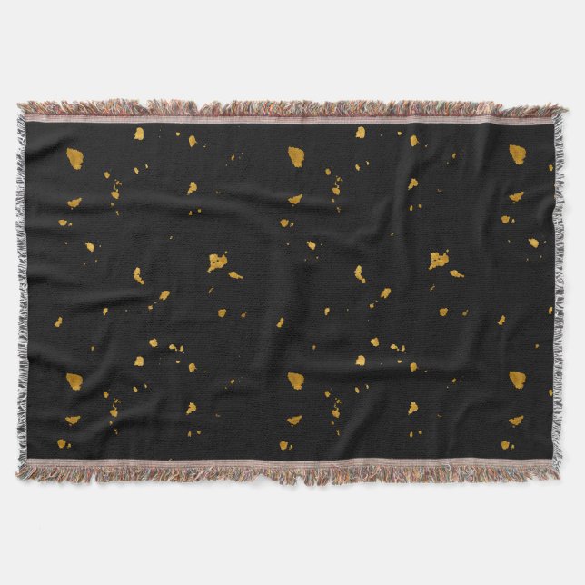 Gold Flakes Black Throw Blanket (Front)