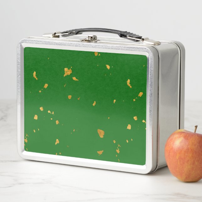 Gold Flakes on Emerald Green Metal Lunch Box (In Situ)