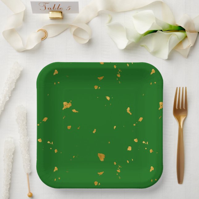 Gold Flakes on Emerald Green Paper Plate (Wedding)