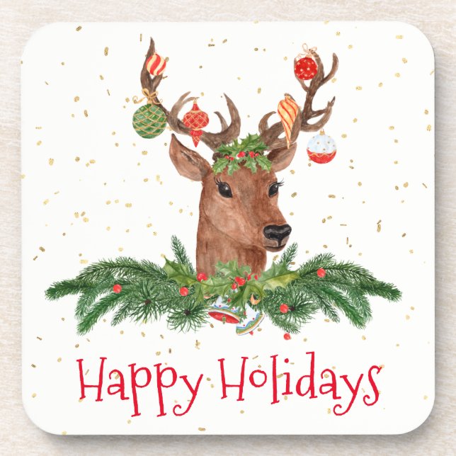 Gold Fleck Christmas Deer Happy Holidays Coaster (Front)