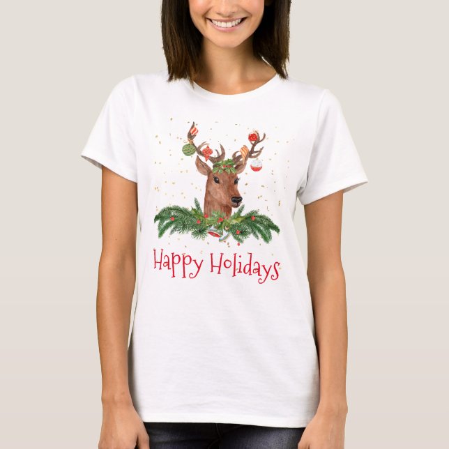 Gold Fleck Christmas Deer Happy Holidays T-Shirt (Front)