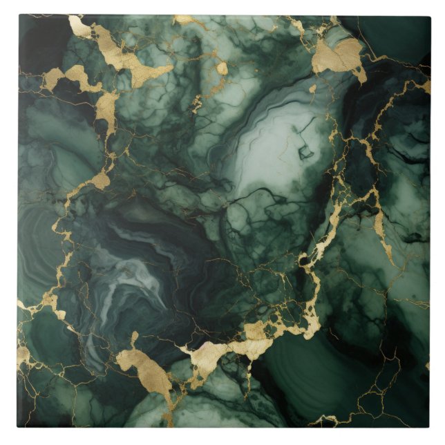 Gold Flecked Emerald, Glazed Black Marble Tile (Front)