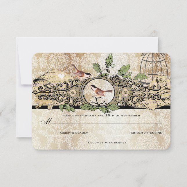 Gold Flecks Birdcage Damask Vintage Love Bird RSVP (Front)