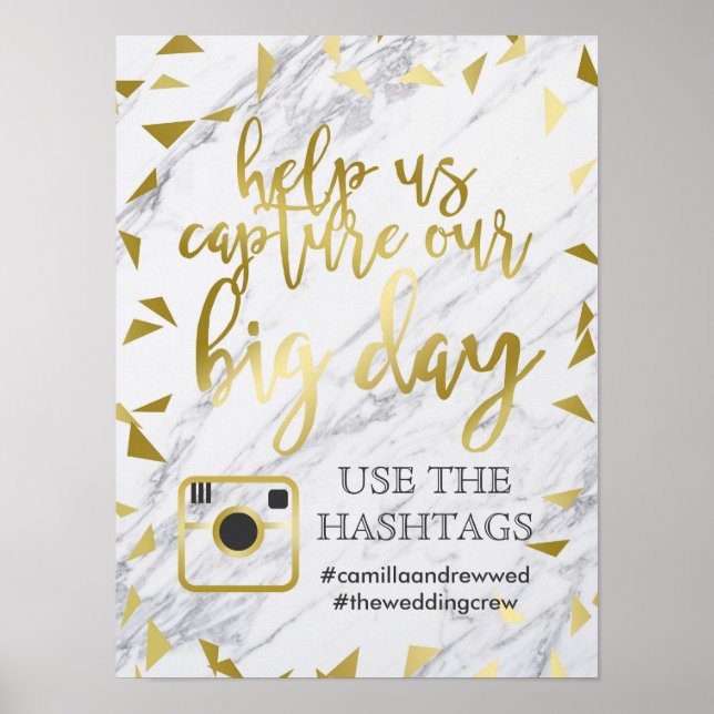 Gold Flecks & Marble Wedding Hashtag Poster (Front)