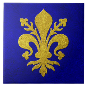 Gold Fleur-de-lis Blue Background Tile