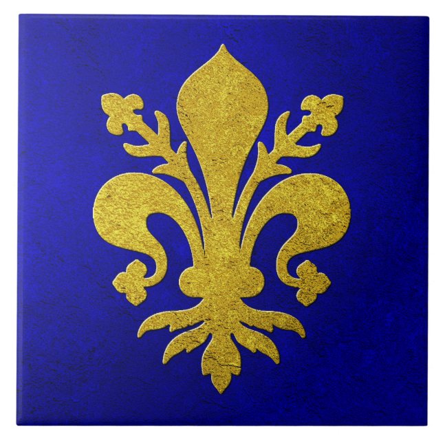 Gold Fleur-de-lis Blue Background Tile (Front)