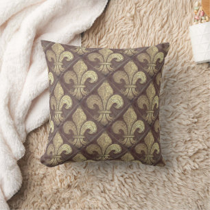 Gold Fleur de Lis Brown Vintage French Diamond Cushion