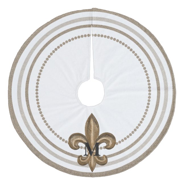 Gold Fleur de Lis Burlap Decorative Fleece Tree Skirt (Front)